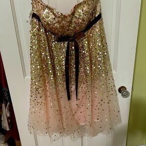 Lovely pink with graduated sequin design fancy dance dress. Brown ribbon.